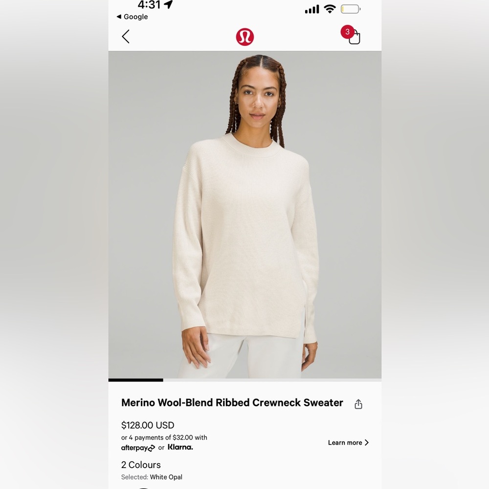 Lululemon Merino Wool-Blend Ribbed Crewneck Sweater White Opal Size 10.